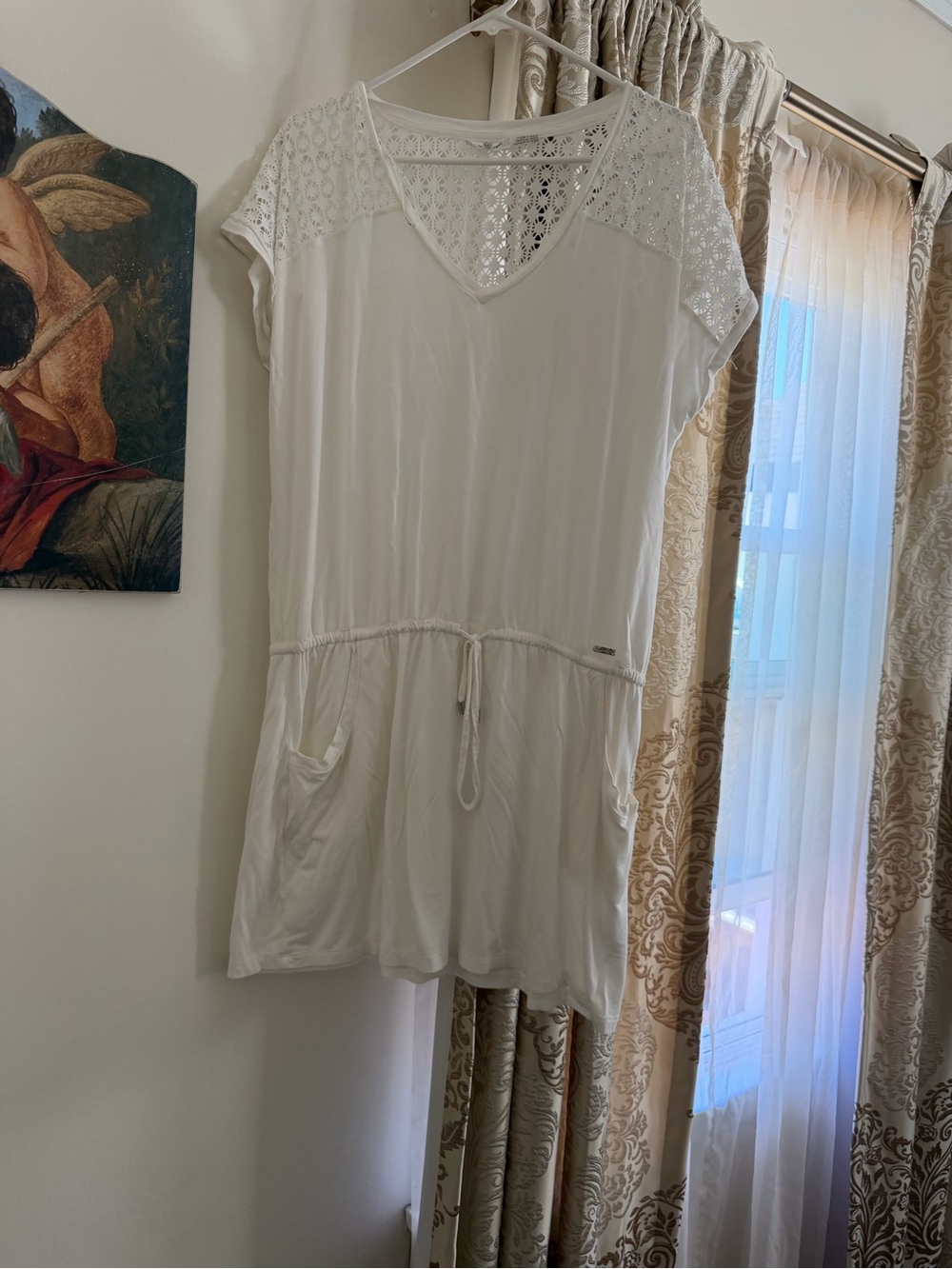 Calvin Klein White Crochet Yoke Drawstring Swim Tunic